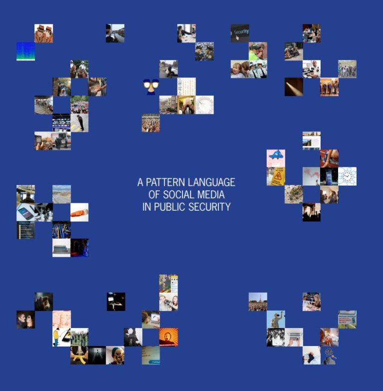 Cover of the report “A Pattern Language of Social Media in Public Security”: white title text on a dark blue background surrounded by clusters of small square photos of police, crowds, phones and screens.